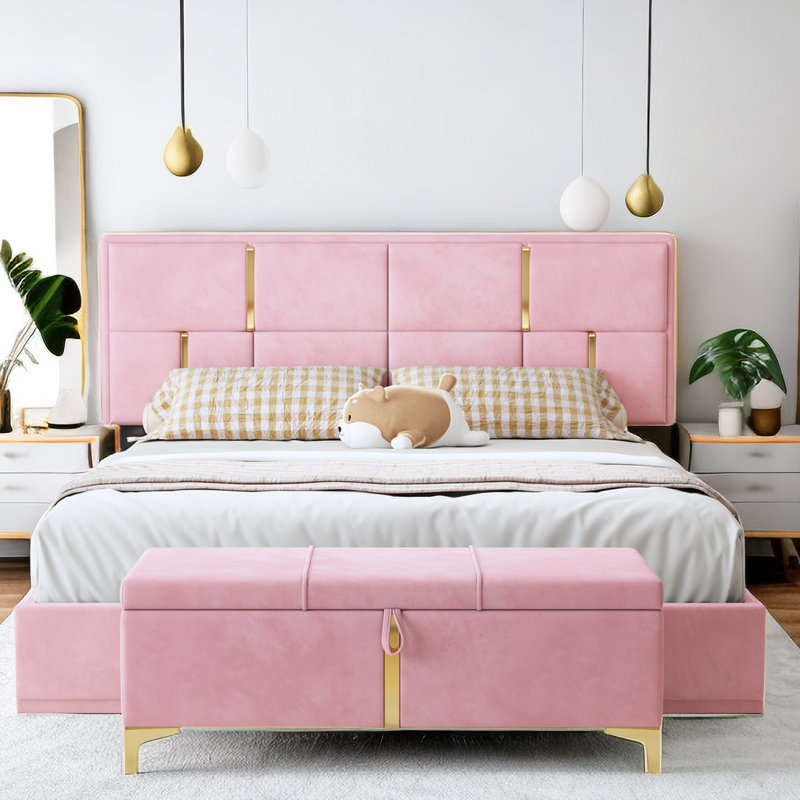 Mercer41 Sasi Queen Upholstered Platform Bed with Storage Ottoman 2